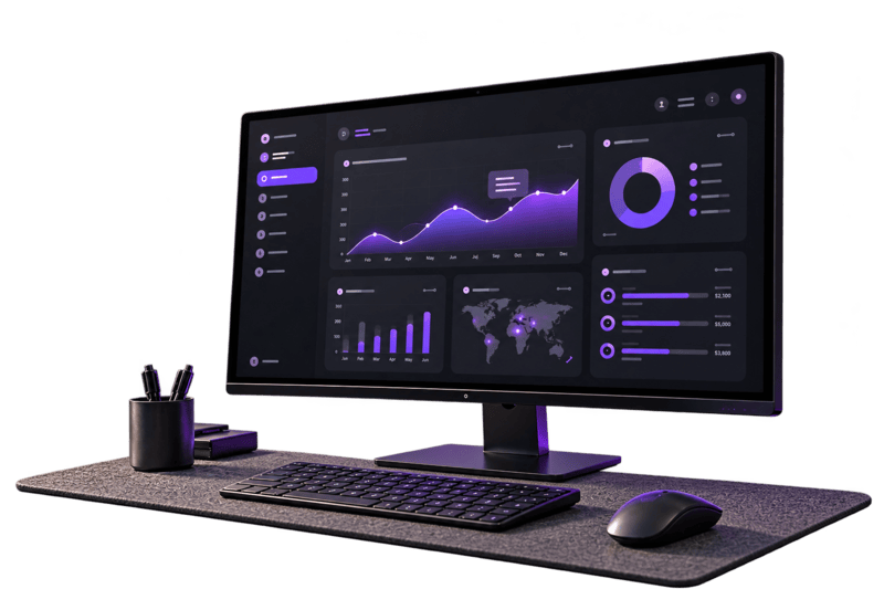 A purple-lit desktop monitor showing a web app dashboard with charts